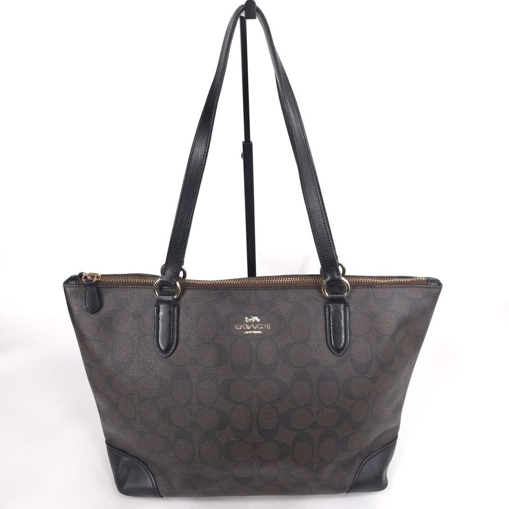 COACH Signature Zip Tote Brown Black Shoulder Bag A1822-F29208
